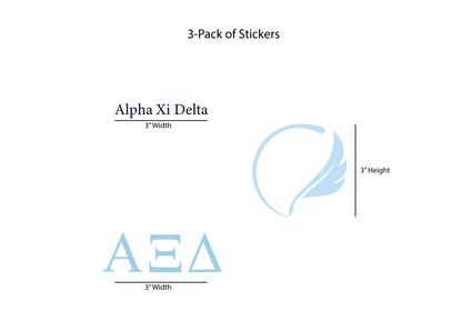 Packaging for Alpha Xi Delta stickers with dimensions on a white background