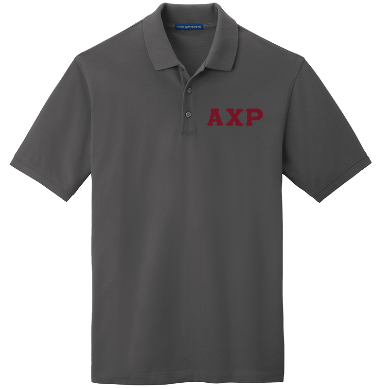 A dark gray short-sleeve polo shirt with 'AXP' embroidered in red on the left chest, displayed on a clean white background.