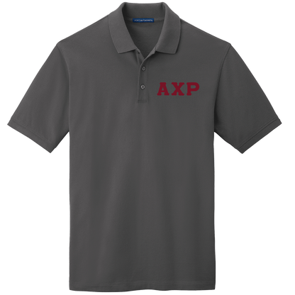 A dark gray short-sleeve polo shirt with 'AXP' embroidered in red on the left chest, displayed on a clean white background.