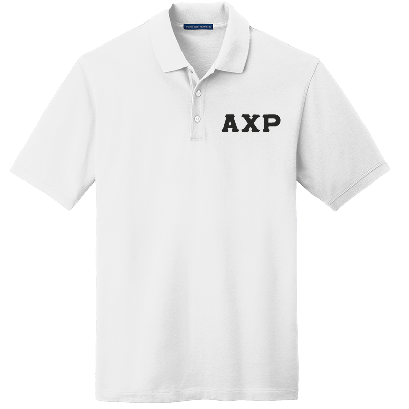 A white short-sleeve polo shirt with 'AXP' printed in black block letters on the left chest, displayed on a clean white background.