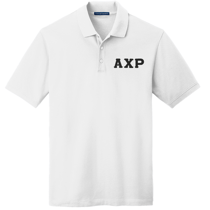 A white short-sleeve polo shirt with 'AXP' printed in black block letters on the left chest, displayed on a clean white background.