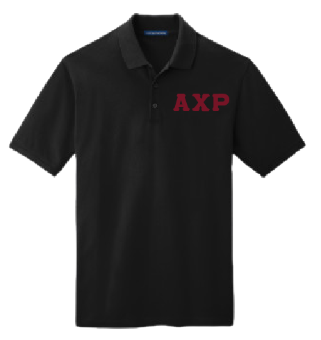A black short-sleeve polo shirt with 'AXP' embroidered in red block letters on the left chest, displayed against a solid white background.