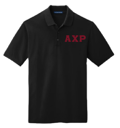 A black short-sleeve polo shirt with 'AXP' embroidered in red block letters on the left chest, displayed against a solid white background.