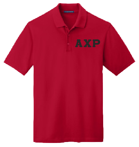 A red short-sleeve polo shirt with the Greek letters 'AXP' printed in black on the left chest, displayed on a solid white background.