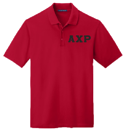 A red short-sleeve polo shirt with the Greek letters 'AXP' printed in black on the left chest, displayed on a solid white background.