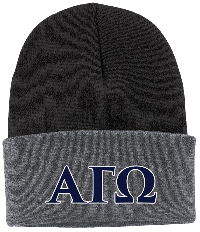 Black and gray beanie with 'ΑΓΩ' letters on a white background