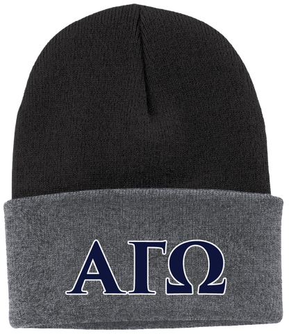 Black and gray beanie with 'ΑΓΩ' letters on a white background