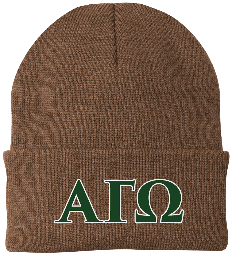 Brown beanie with green letters 'ΑΓΩ' on a white background