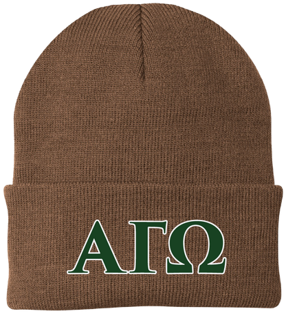 Brown beanie with green letters 'ΑΓΩ' on a white background