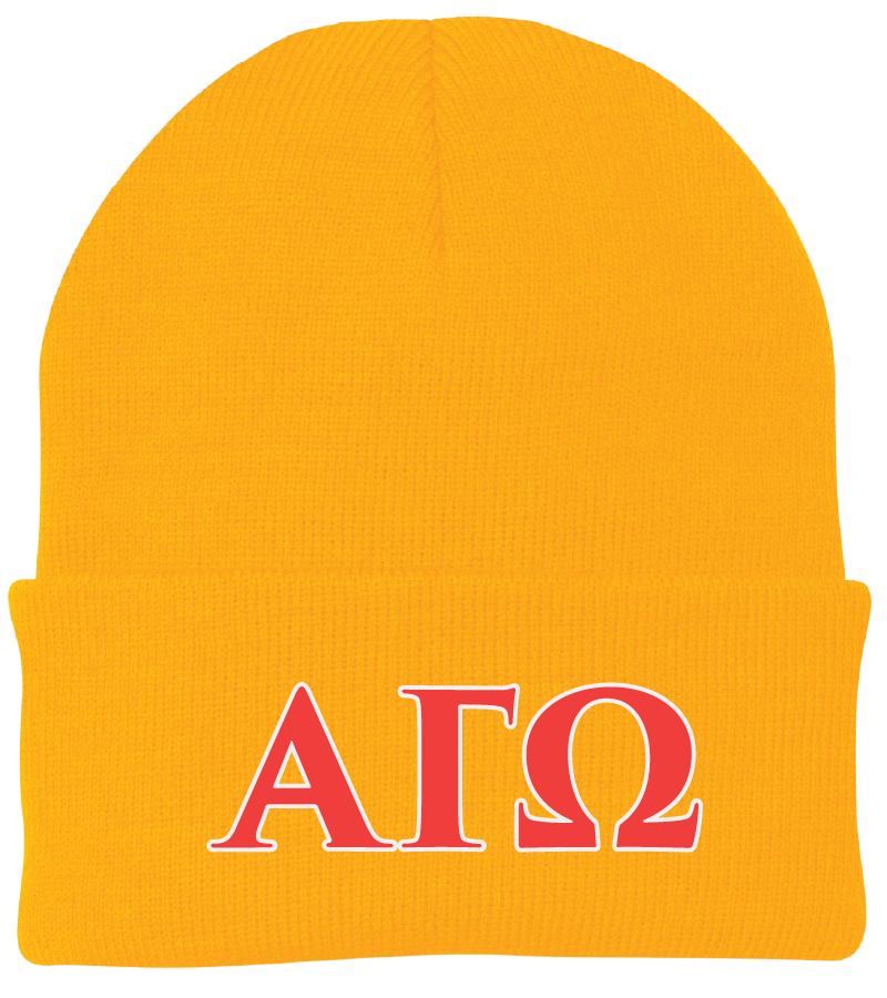 Yellow beanie with red letters 'ΑΓΩ' on a white background