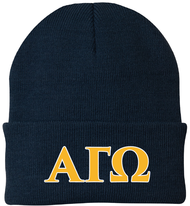 Navy blue beanie with yellow 'ΑΓΩ' letters on a white background