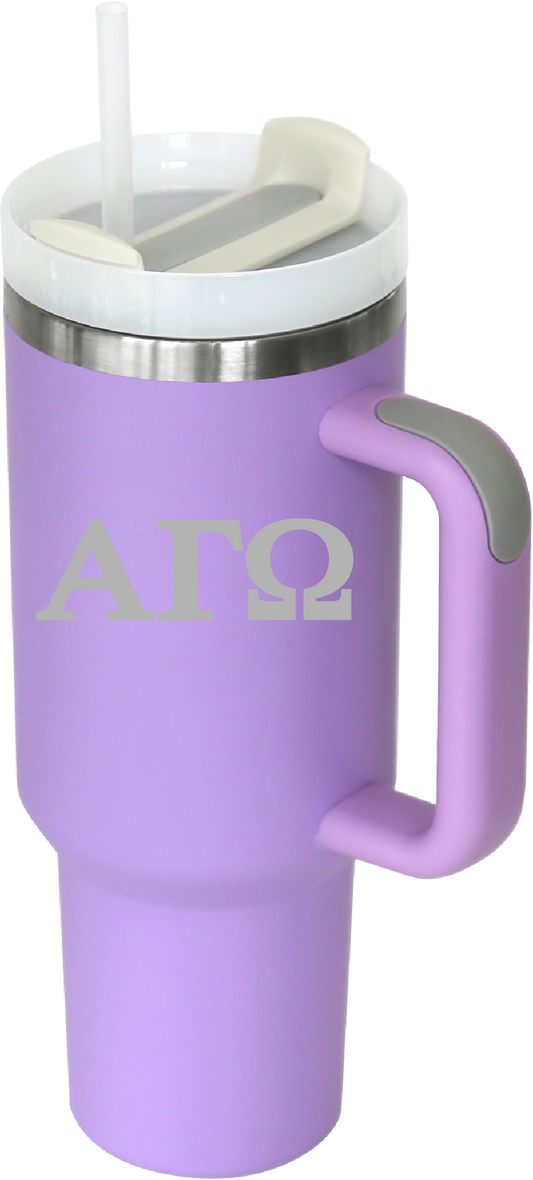 Purple tumbler with handle and straw lid, featuring a logo on a white background
