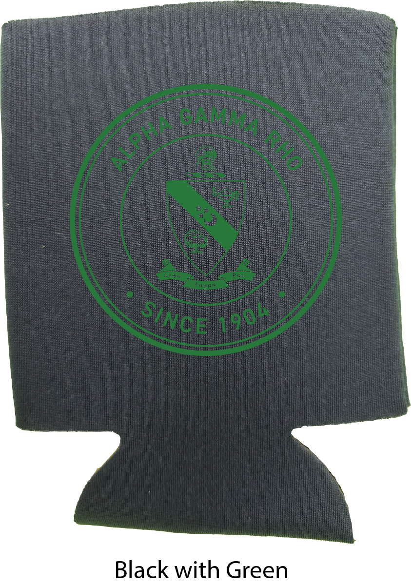 A black neoprene can cooler sleeve featuring a green circular 'Little Santa Foo Since 1904' logo printed on the front, shown against a white background with the text 'Black with Green' below.