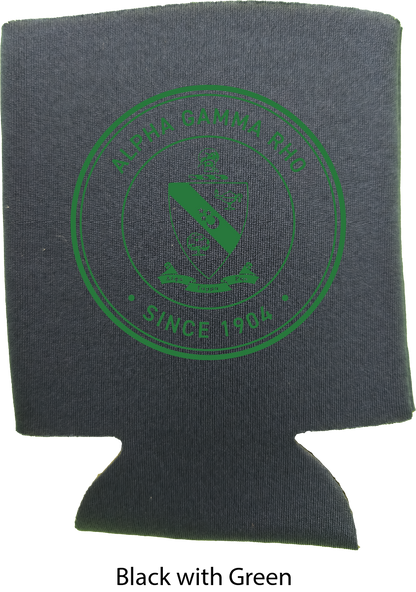 A black neoprene can cooler sleeve featuring a green circular 'Little Santa Foo Since 1904' logo printed on the front, shown against a white background with the text 'Black with Green' below.