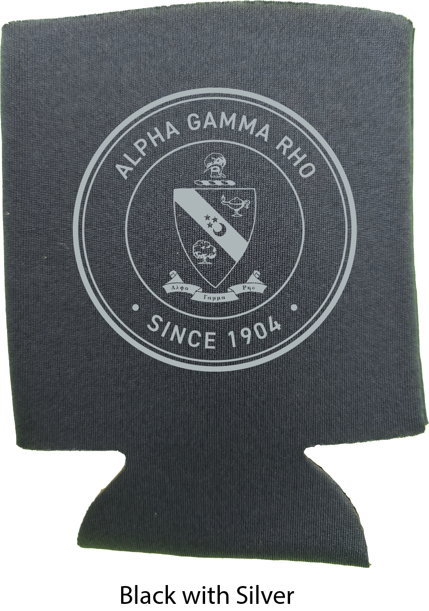 A black neoprene can cooler sleeve featuring a silver printed Alpha Gamma Rho crest and the text 'ALPHA GAMMA RHO' and 'SINCE 1904'.