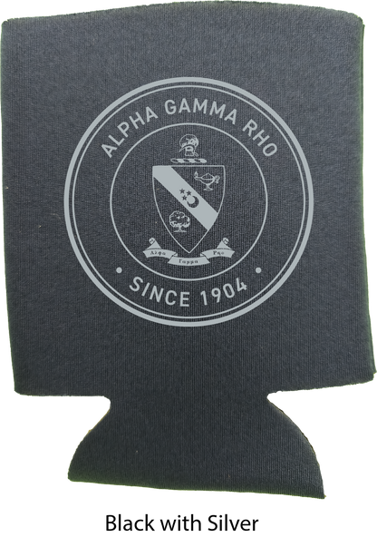 A black neoprene can cooler sleeve featuring a silver printed Alpha Gamma Rho crest and the text 'ALPHA GAMMA RHO' and 'SINCE 1904'.