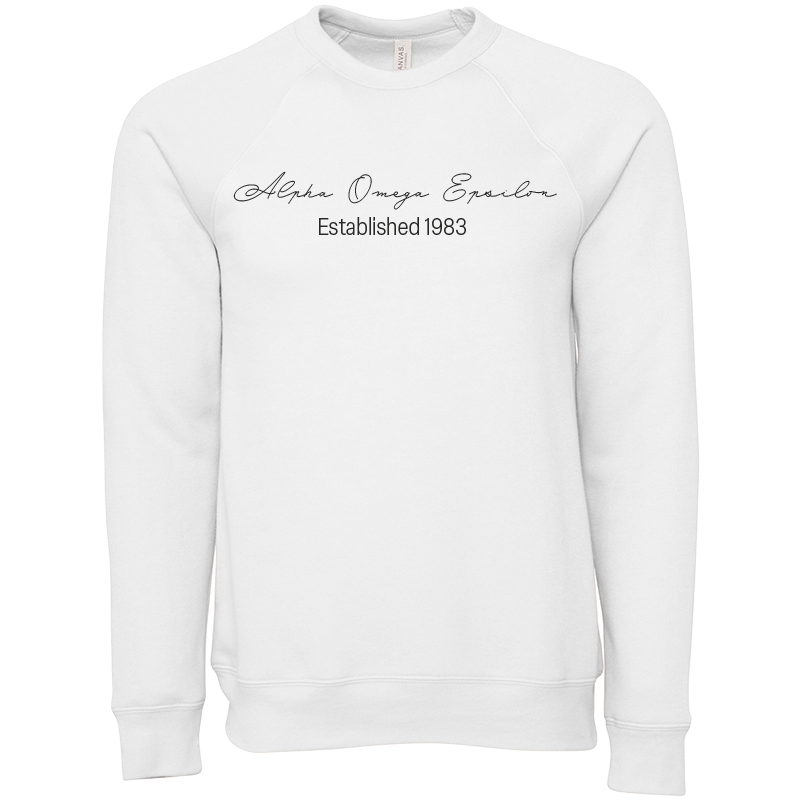 Alpha Omega Epsilon Embroidered Scripted Name Crewneck Sweatshirts