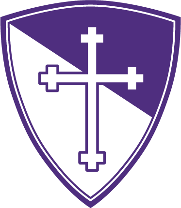Shield-shaped logo with a cross in the center on a white background