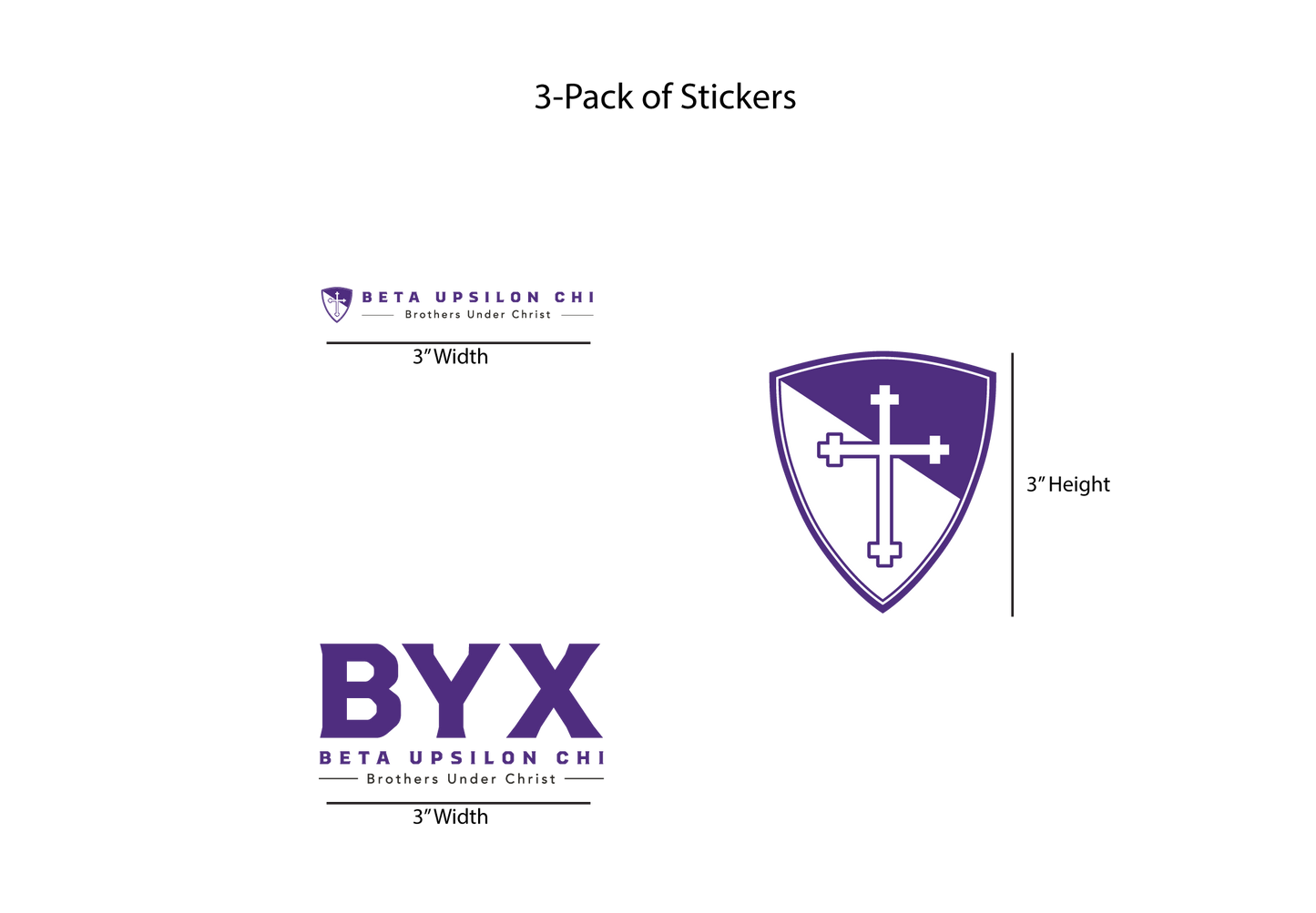 Three-pack of stickers with Beta Upsilon Chi logo and 'BYX' text on a white background