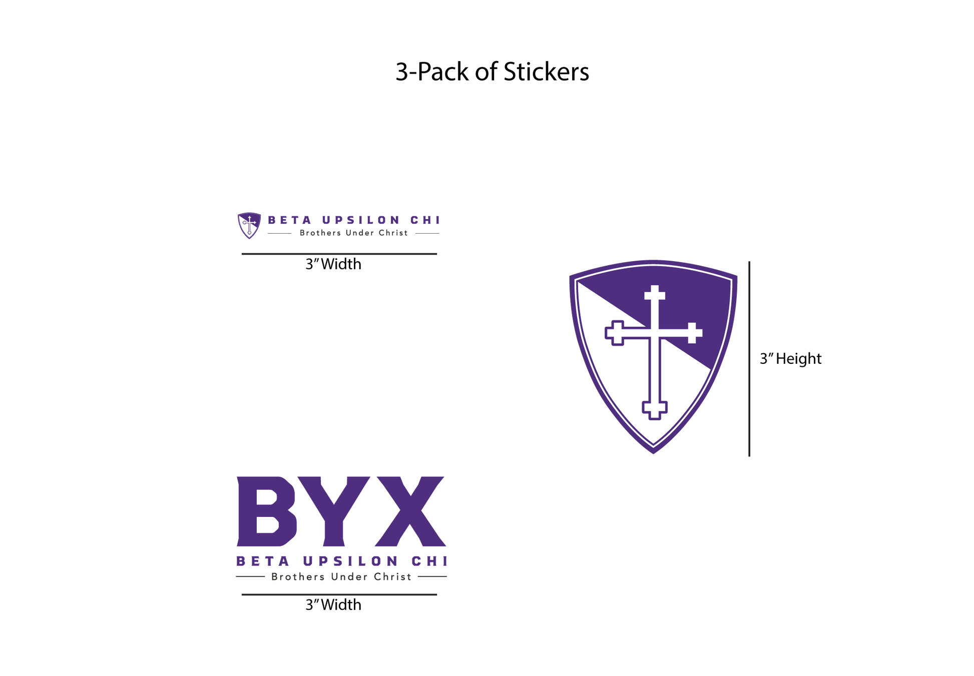 Three-pack of stickers with Beta Upsilon Chi logo and 'BYX' text on a white background
