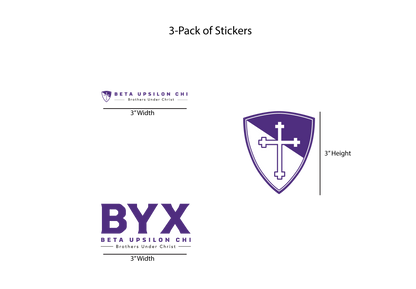 Three-pack of stickers with Beta Upsilon Chi logo and 'BYX' text on a white background