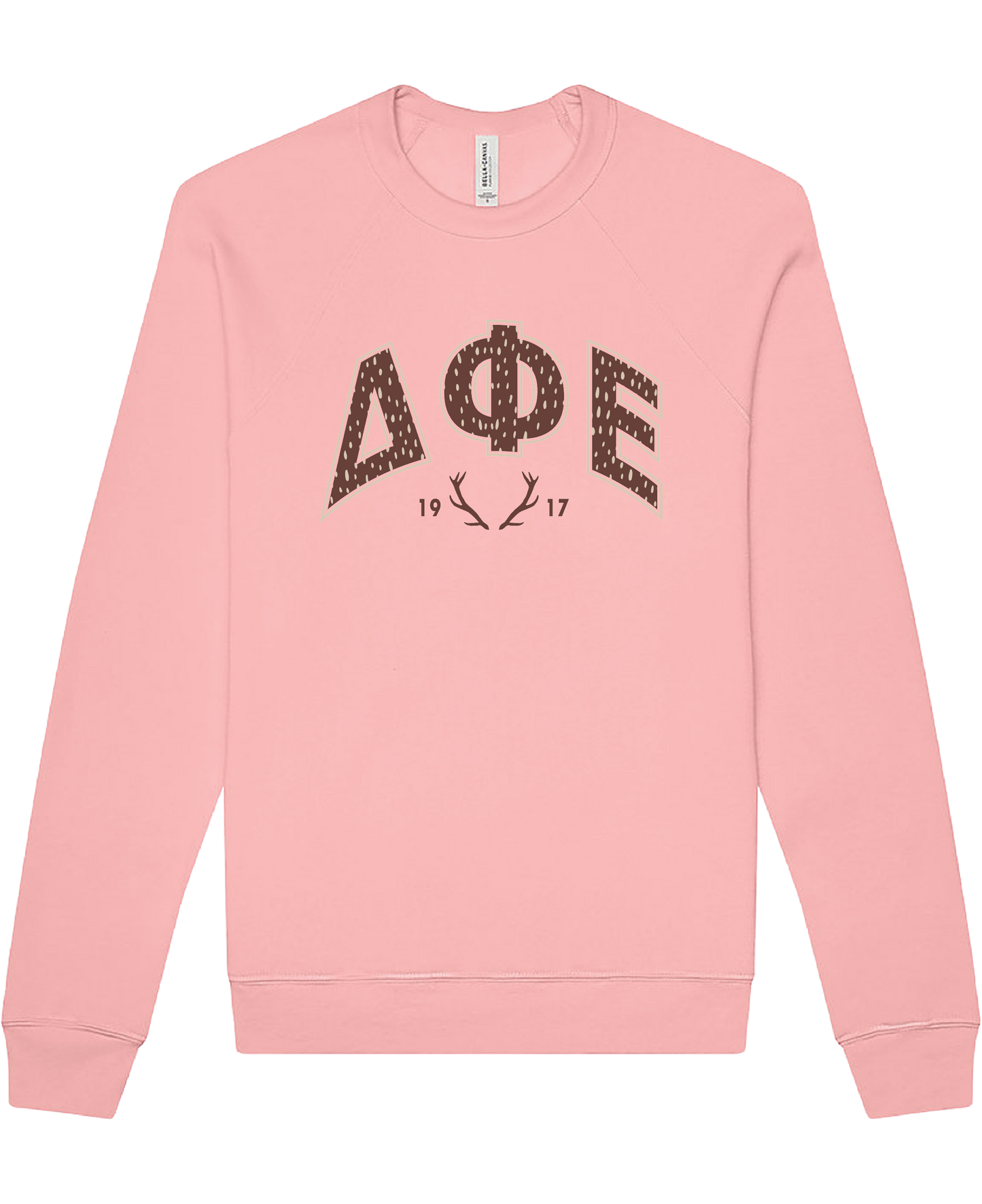 Delta Phi Epsilon Fawn Print Varsity Crewneck