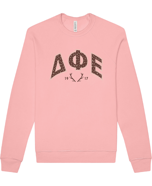 Delta Phi Epsilon Fawn Print Varsity Crewneck
