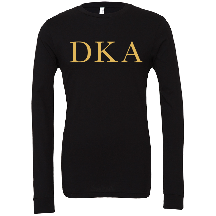 A black long-sleeve crewneck shirt with the Greek letters 'DKA' printed in gold across the chest, displayed on a clean white background.