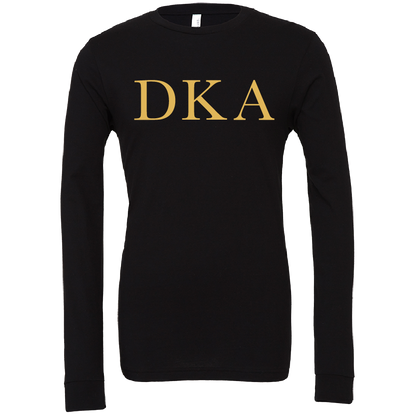 A black long-sleeve crewneck shirt with the Greek letters 'DKA' printed in gold across the chest, displayed on a clean white background.