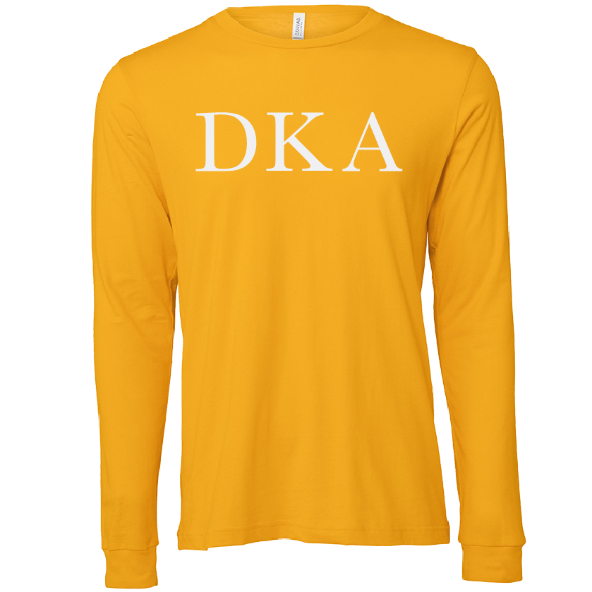 A long-sleeve crewneck t-shirt in a golden yellow color, featuring the Greek letters 'DKA' printed in white across the chest.