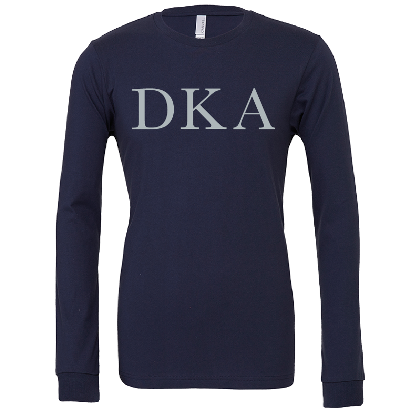A navy blue long-sleeve crewneck t-shirt with the Greek letters 'DKA' printed in gray across the chest, displayed on a clean white background.