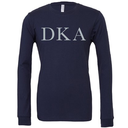 A navy blue long-sleeve crewneck t-shirt with the Greek letters 'DKA' printed in gray across the chest, displayed on a clean white background.