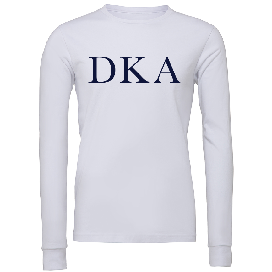 A white long-sleeve crewneck shirt with the Greek letters 'DKA' printed in navy blue across the chest, displayed on a clean white background.
