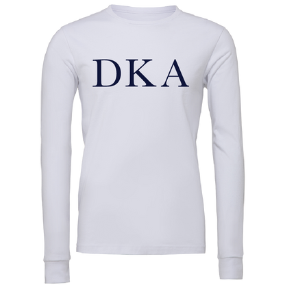 A white long-sleeve crewneck shirt with the Greek letters 'DKA' printed in navy blue across the chest, displayed on a clean white background.