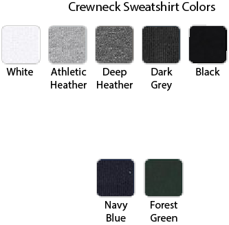 A color options chart for crewneck sweatshirts showing fabric swatches labeled White, Athletic Heather, Deep Heather, Dark Grey, Black, Navy Blue, and Forest Green with text underneath each swatch on a white background.