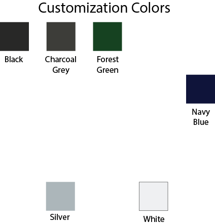 A color customization chart showing swatches and labels for Black, Charcoal Grey, Forest Green, Navy Blue, Silver, and White.