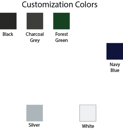 A color customization chart showing swatches and labels for Black, Charcoal Grey, Forest Green, Navy Blue, Silver, and White.
