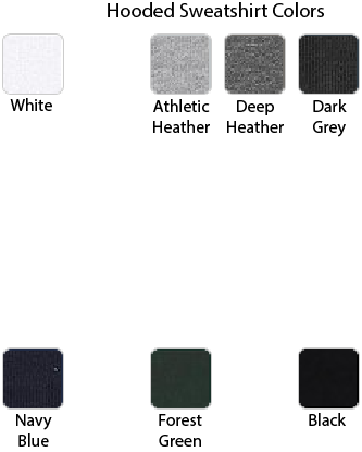 A color options chart for hooded sweatshirts showing fabric swatches and labels: White, Athletic Heather, Deep Heather, Dark Grey, Navy Blue, Forest Green, and Black.