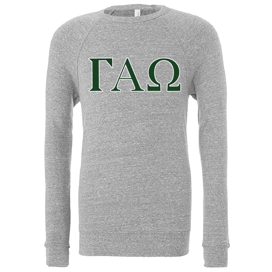 A heather gray long-sleeve crewneck sweatshirt featuring the Greek letters Gamma Alpha Omega (ΓΧΩ) printed in dark green across the chest.
