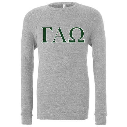 A heather gray long-sleeve crewneck sweatshirt featuring the Greek letters Gamma Alpha Omega (ΓΧΩ) printed in dark green across the chest.