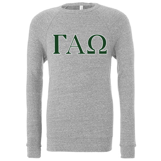 A heather gray long-sleeve crewneck sweatshirt featuring the Greek letters Gamma Alpha Omega (ΓΧΩ) printed in dark green across the chest.