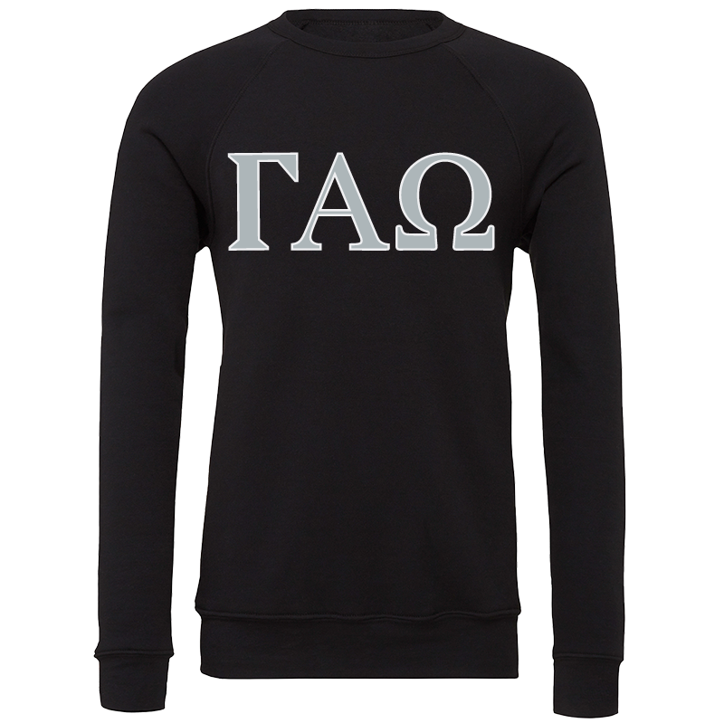 A black long-sleeve crewneck sweatshirt featuring the Greek letters Gamma Alpha Omega (ΓΧΩ) printed in large silver block letters across the chest, displayed on a clean white background.