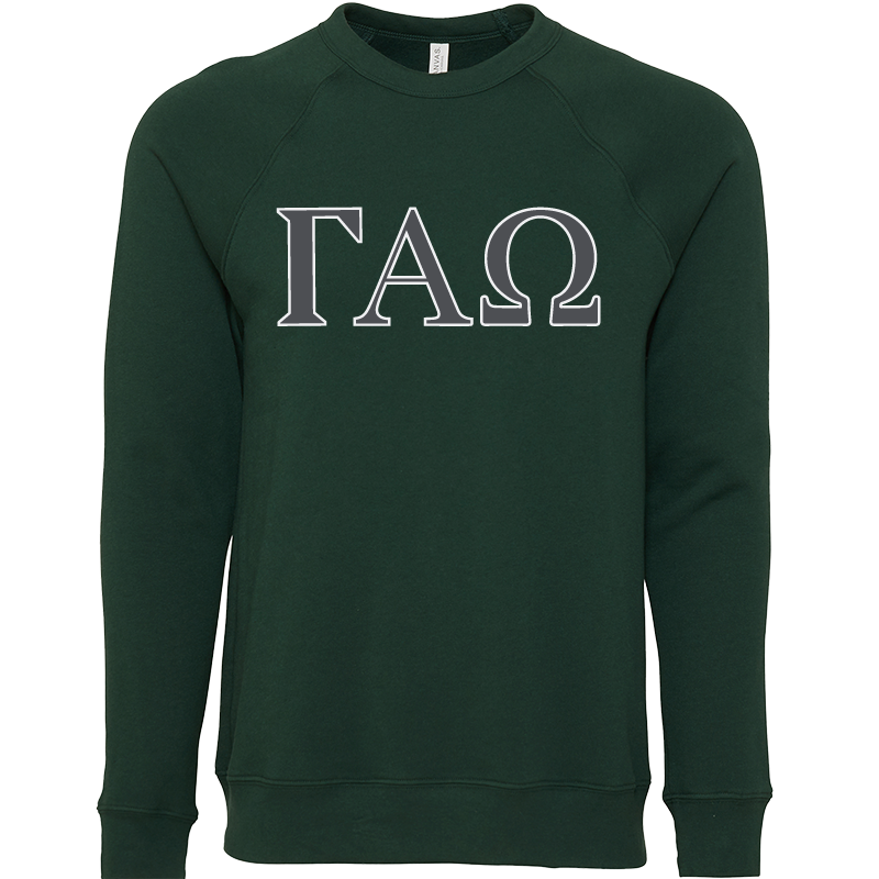 A dark green crewneck sweatshirt featuring the Greek letters Gamma Alpha (ΓΧΩ) printed across the chest in white with a thin black outline.