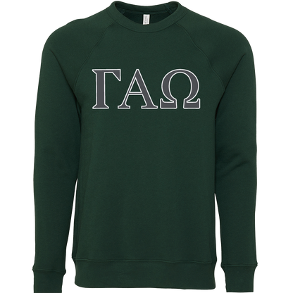 A dark green crewneck sweatshirt featuring the Greek letters Gamma Alpha (ΓΧΩ) printed across the chest in white with a thin black outline.