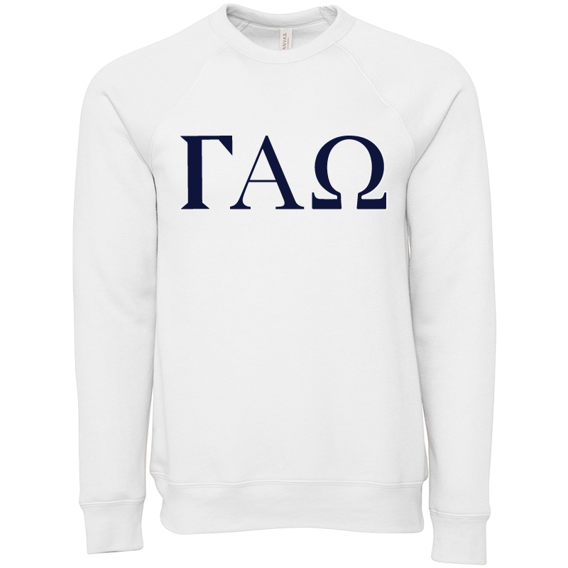 A white long-sleeve crewneck sweatshirt featuring the Greek letters Gamma Alpha Omega (ΓΗΩ) printed in navy blue across the chest, displayed on a clean white background.