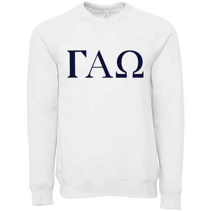 A white long-sleeve crewneck sweatshirt featuring the Greek letters Gamma Alpha Omega (ΓΗΩ) printed in navy blue across the chest, displayed on a clean white background.
