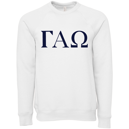 A white long-sleeve crewneck sweatshirt featuring the Greek letters Gamma Alpha Omega (ΓΗΩ) printed in navy blue across the chest, displayed on a clean white background.