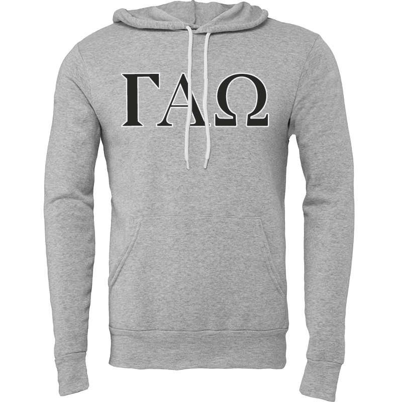 A heather gray pullover hoodie featuring the Greek letters Gamma Alpha Omega (ΓΑΕ) printed in black across the chest, with white drawstrings, on a solid white background.