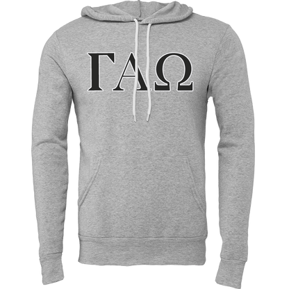 A heather gray pullover hoodie featuring the Greek letters Gamma Alpha Omega (ΓΑΕ) printed in black across the chest, with white drawstrings, on a solid white background.