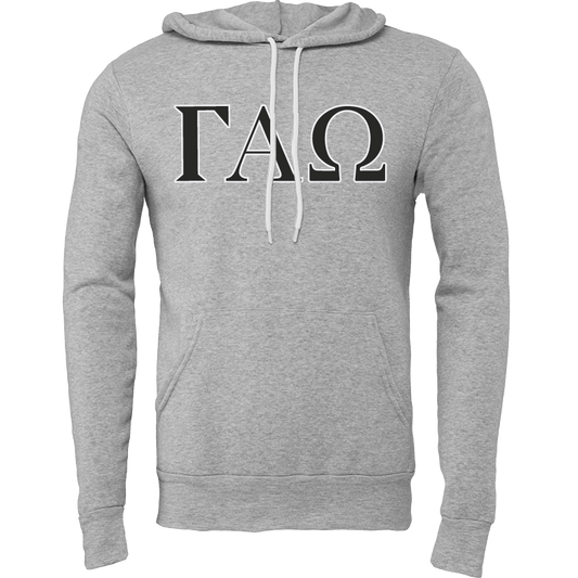 A heather gray pullover hoodie featuring the Greek letters Gamma Alpha Omega (ΓΑΕ) printed in black across the chest, with white drawstrings, on a solid white background.